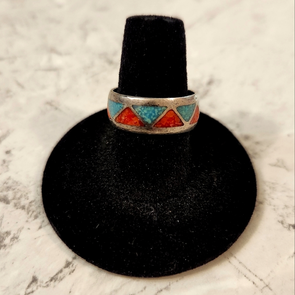 Men's hand-made sterling silver band with turquoise and red coral. Size 8